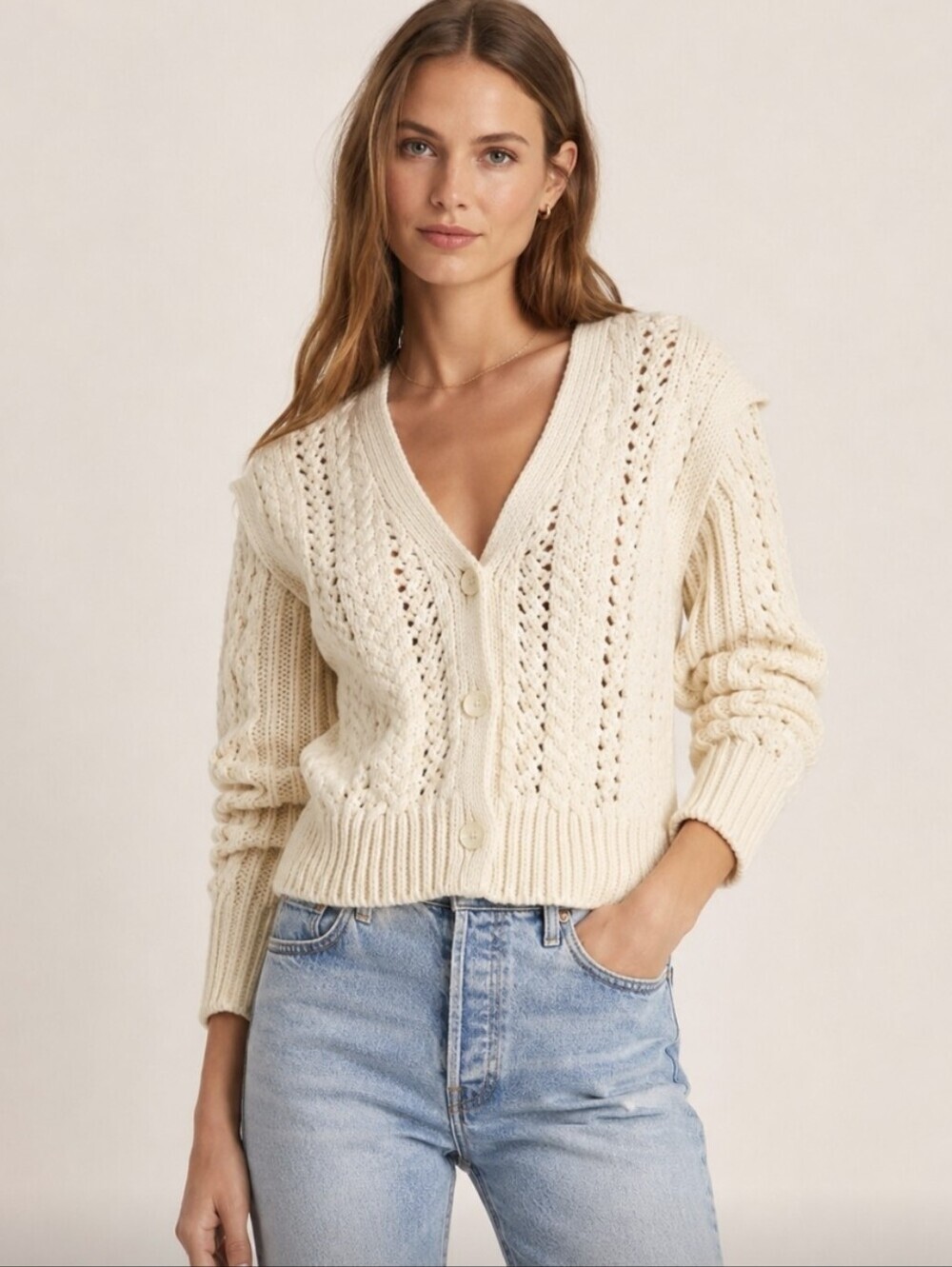 A.L.C. 100% Merino Wool Pointelle Cable Knit Cropped Cardigan Ivory Med NWOT